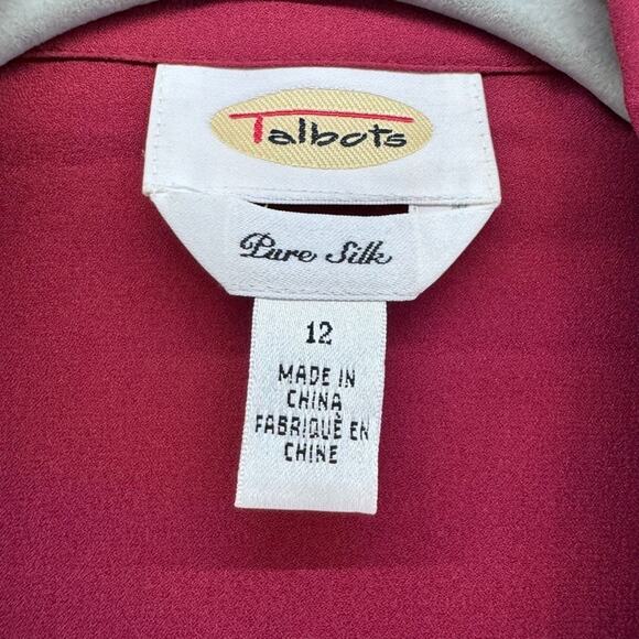 VTG Talbots Top Women 12 Red Pure Silk Button Front Short Sleeve Collared Career - Picture 2 of 11